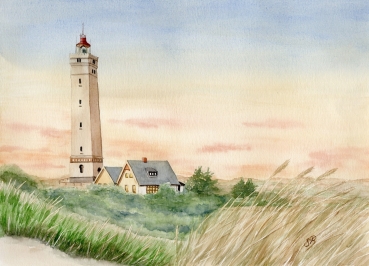 Poster DIN-A4 Watercolor Maritime Art Print Art Print North Sea Denmark Danmark Blåvand Blavand  dunes lighthouse sunset